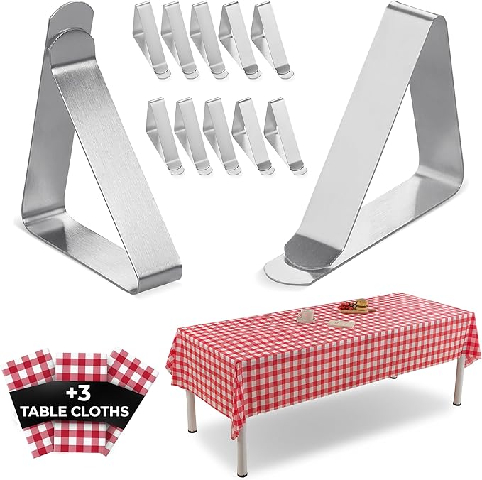 12 Pack Large Tablecloth Clips with 3 Tablecloths - Stainless Steel, Heavy Duty Table Clips for Home, Restaurants, Picnic, Party, Dining Tables - Fits Up to 1.8~3 Inch Thick Tables