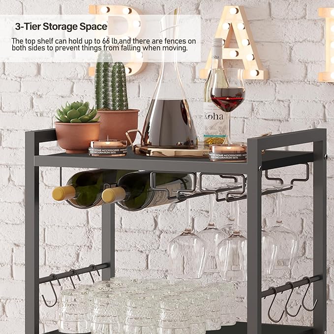 TUTOTAK Bar Cart, Home Bar Serving Cart, Microwave Cart, Drink Cart, Mobile Kitchen Shelf with Wine Rack and Glass Holder, Rolling Beverage Cart Living Room, Kitchen, Black BC01BK032