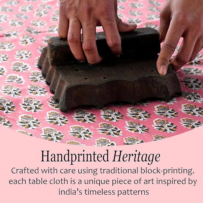 CPC Tablecloth 100% Cotton 70x118 Inch Indian Block Print Rectangle Table Cover, Washable Table Cloth for Weddings, Spring/Summer, Barbeque - Poppy Pink