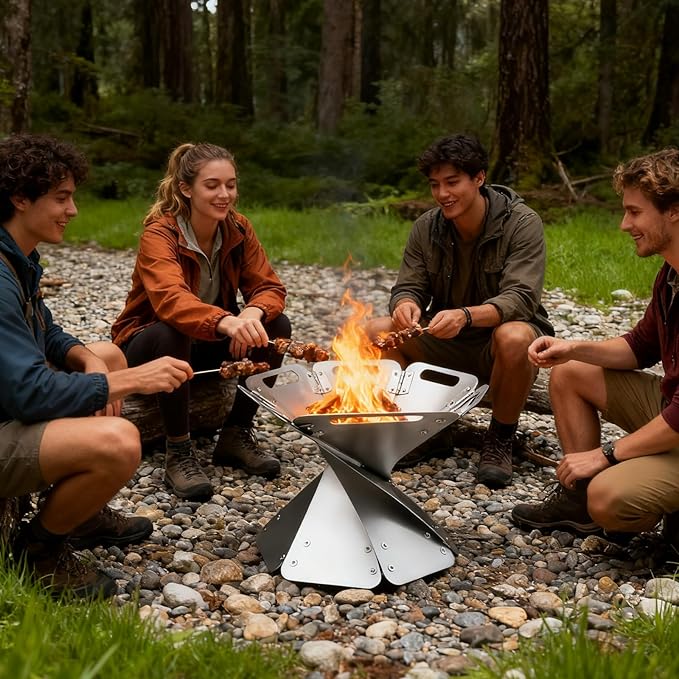 Portable Fire Pit - Foldable Stainless Steel Camping Fire Bowl & Grill - Compact Bonfire Pit for Backyard, Patio, Garden Parties & Camping Trips, 12.6 Inch