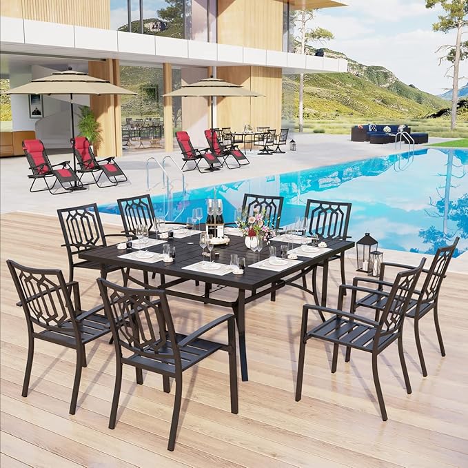 MFSTUDIO Outdoor Dining Set for 8, Metal Patio Table and Chairs Set, Patio Dning Set with Umbrella Hole, 9 Piece Outdoor Patio Furniture Set for Deck Backyard Poolside Garden