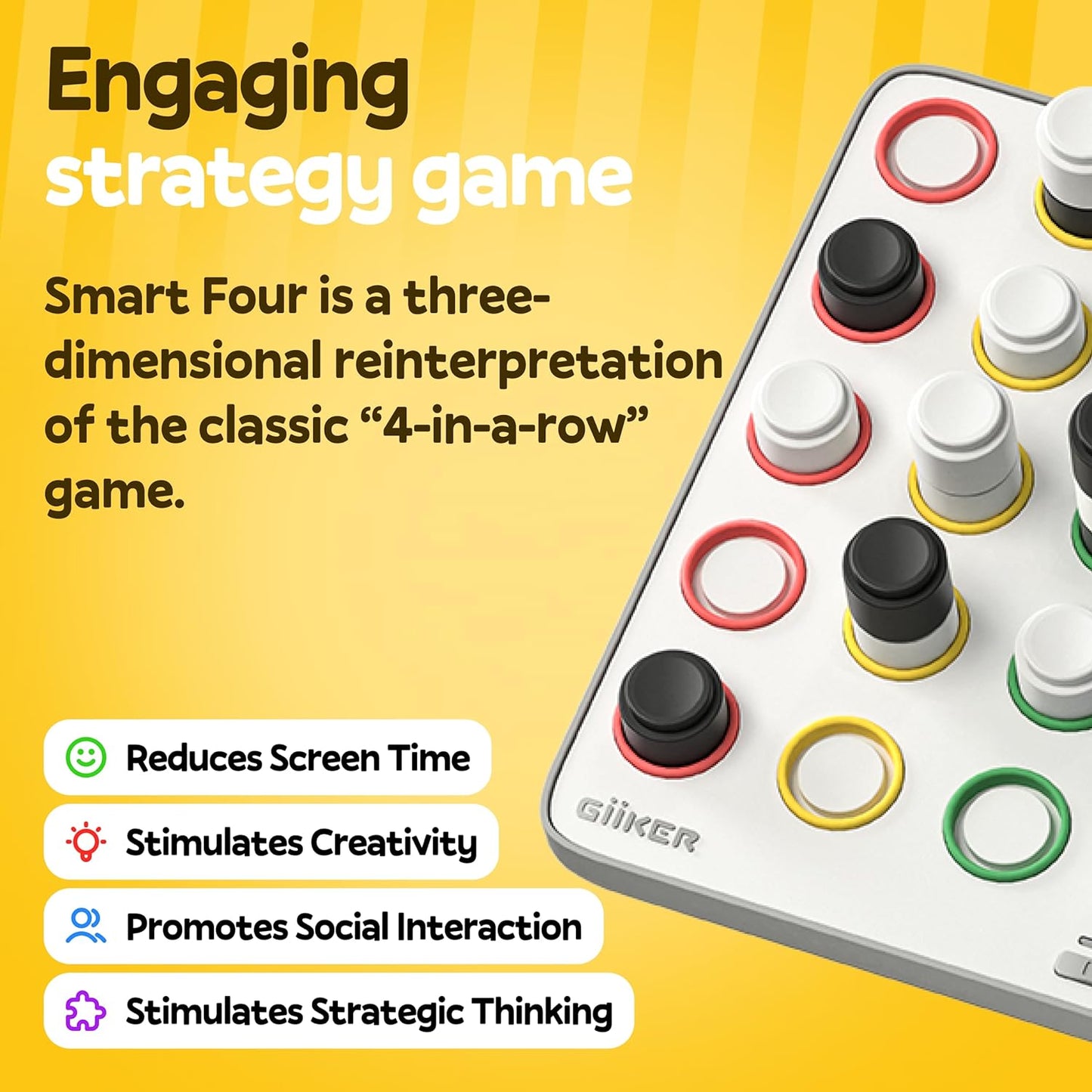 GiiKER Smart Four, 3D AI-Powered 4 in a Row Game, Strategy Board Games with Integrated Referee for 1-2 Players, Travel Games for Ages 6-12 and up, Birthday Gift for Kids Family Game Night