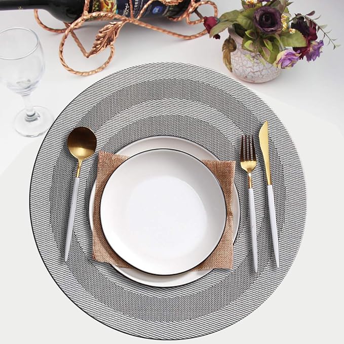 PIGCHCY Round Placemat Set of 8 Vinyl Washable Kitchen 15 inch Table Placemats for Wedding Holiday Party (8pcs Round, Deep Silver)