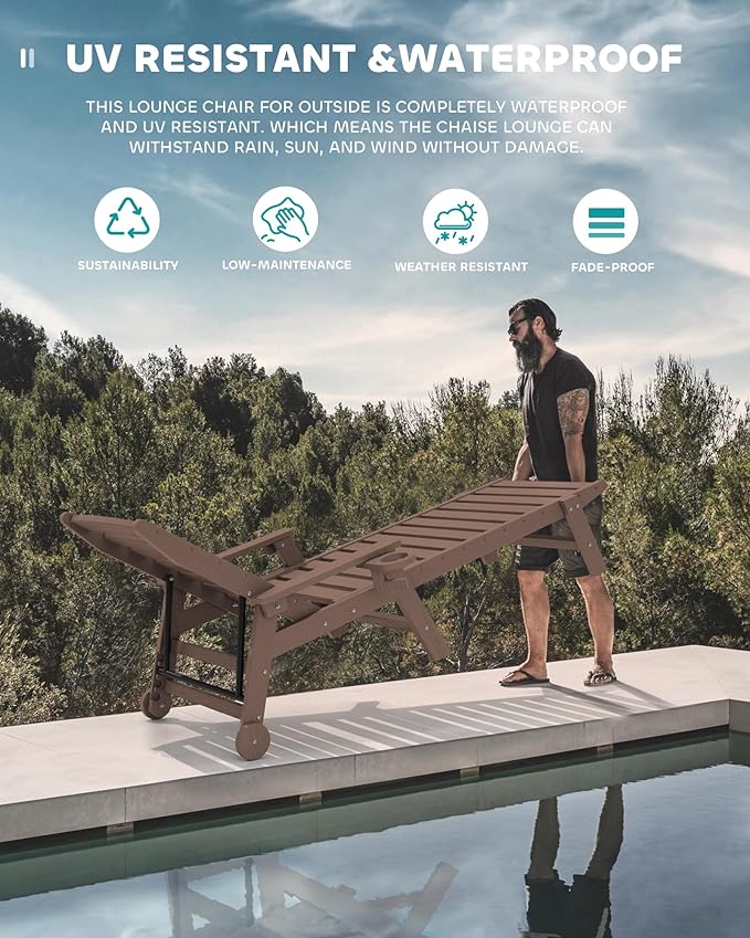 SERWALL Patio Chaise Lounge Chair, 78'' Long HDPE 5 Positions Adjustable Outdoor Lounger, Poly Lounge Chair with Rolling Wheels & Cup Holder for Pool, Coffee Brown