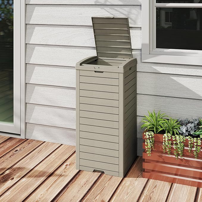 38 Gallon Outdoor Trash Can with lid,Waterproof,UV-Resistant Resin Garbage Can,Lockable Lid and Drip Tray,Trash Bin for Patio,Kitchen, Backyard and Deck(Grey)