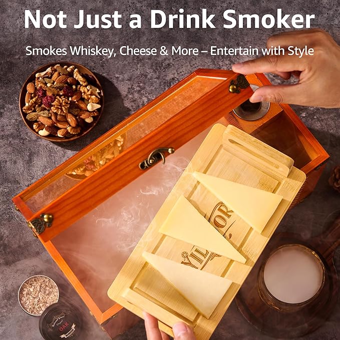Old Fashioned Smoker Kit – Premium Wooden Gift Box for Whiskey & Cocktails, Electric Fan-Powered 2-in-1 Drink & Food Smoker, Impressive Gift for Men, Complete Set (Smoking Gun Not Required)