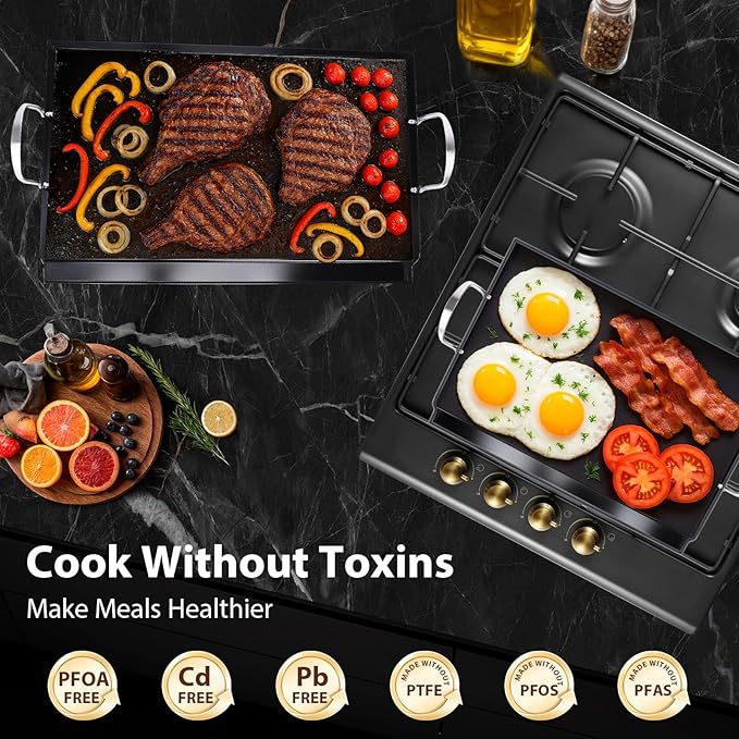 Utheer 23" x 16" Ceramic Nonstick Stainless Steel Griddle for Gas, Charcoal, Grill, Large Stove Top Griddle, Non-Toxic, PFAS/PFOA/PTFE Free, Oven Up to 500°F, for BBQ, Camping & Kitchen, Black