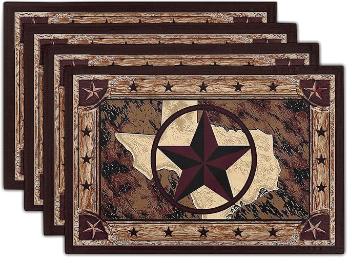 Giwawa Texas Stars Placemats Set of 4, Rustic Western Style Brown Wood Linen Table Mat 12x18 Inch, Vintage Cabin Primitive Decorative Washable Place Mats for Kitchen Dining Desktop Tabletop