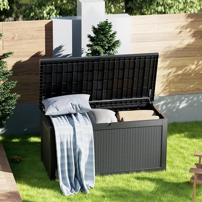 320 Gallon Resin Deck Box, Waterproof Outdoor Storage Box for Patio Furniture Cushions, Garden Tools, and Pool Accessories, Large Lockable UV-Resistant Storage Bin Bench Cabinet for Outside, Black