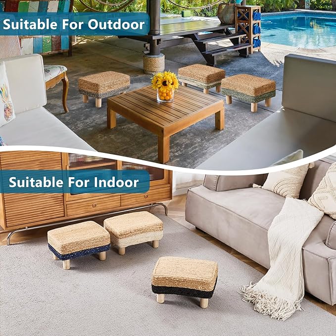 Wimarsbon Natural Seagrass Footstool Ottoman Rectangular Footrest Pouf Ottomans with Wooden Legs Hand Weave Step Stool for Living Room Bedroom Entryway Blue