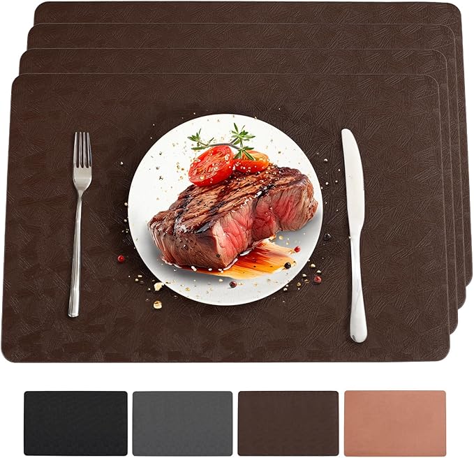 Vinyl Placemats Set of 4 Heat Resistant Easy Clean Non-Slip Place Mats for Dining Table. Faux Leather Waterproof Stain Resistant Wipeable Washable PU Table Mats(4, Brown)