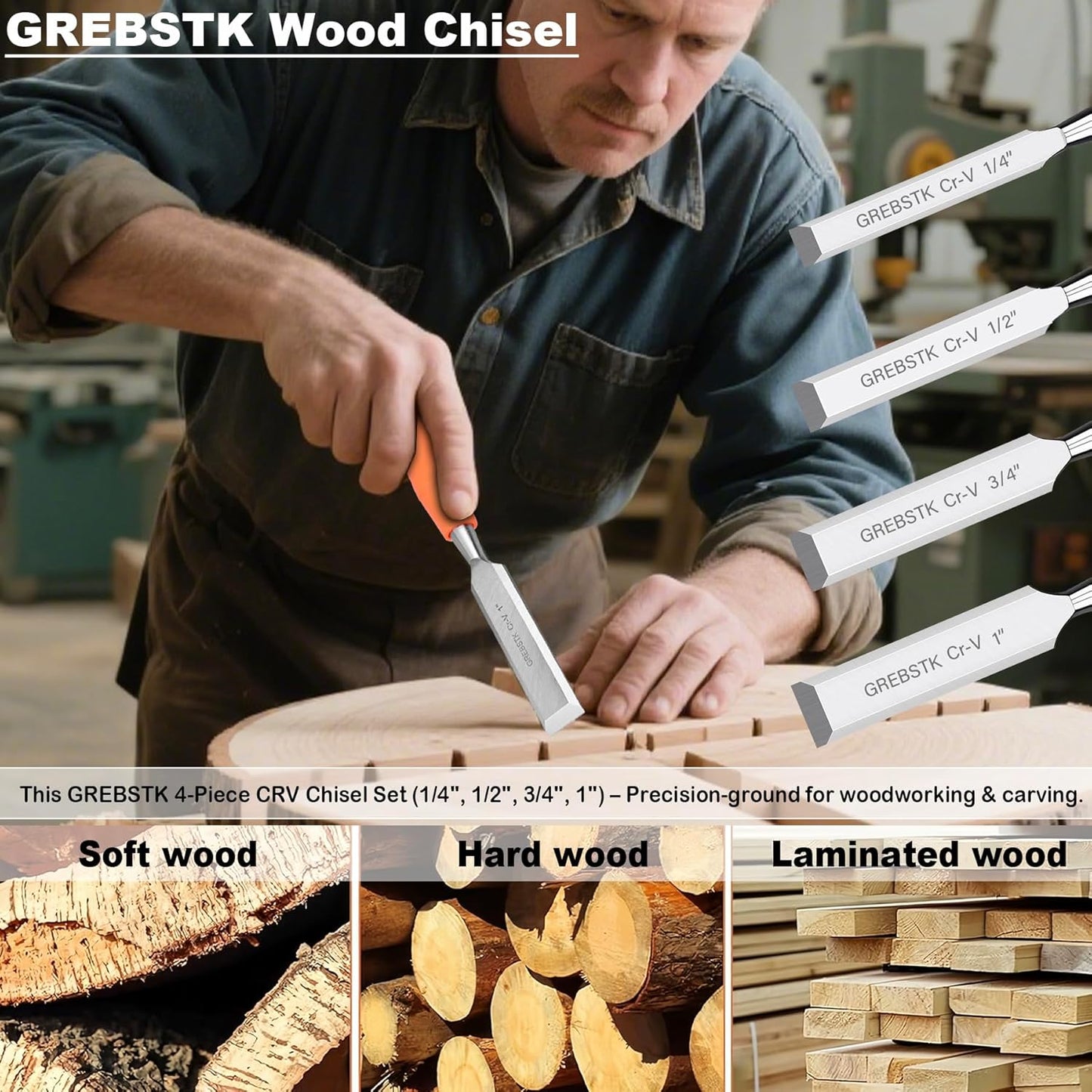 GREBSTK 4 Pcs Wood Chisel Set, CRV Steel Bevel Sharp Edge Bench Chisels with Metal Striking Cap, for Woodworking and DIY Projects, 8"x(1/4", 1/2", 3/4", 1")