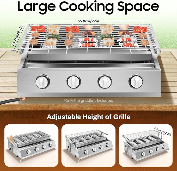 Gas BBQ Grill, Tabletop Outdoor Barbecue Grill with Food Tray Adjustable Height & 4 Independent Temp Control, Portable Stainless Steel Cooking BBQ Griddle For Camping Gatherings and Outdoor Activities