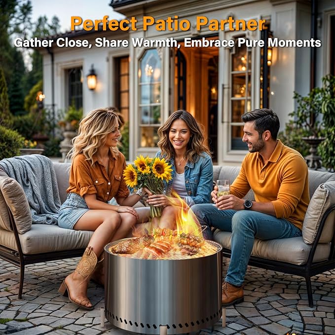 HGD 28 Inch Smokeless Firepit, Stainless Steel Fire Pit, Wood Burning Firepit for Patio Garden Picnic