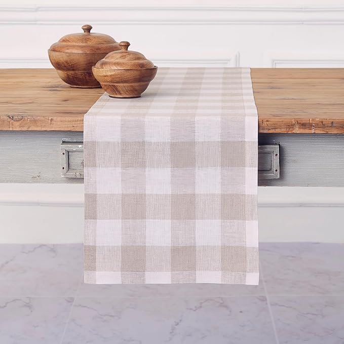 Solino Home Linen Checkered Table Runners 72 Inches Long - 100% Pure Linen Natural and White Buffalo Check Table Runner 14 x 72 Inch Ideal for Dresser, Dining, Spring, Easter