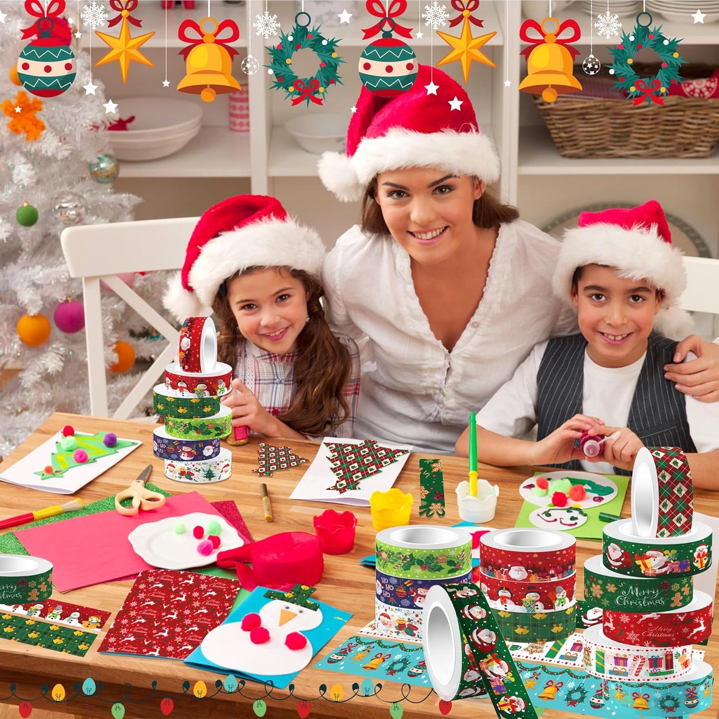 12 Pcs Christmas Washi Tape Merry Christmas Print Masking Tape Christmas Tree Snowman Santa Claus Pattern Decorative Paper Sticker for Christmas Party Holiday Scrapbook Handbook Sticker