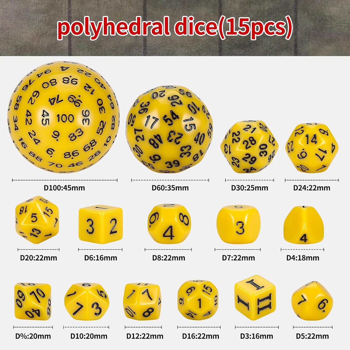 CiaraQ DND Polyhedral Dice Set (15pcs) D4-D100 Game Dice with Dice Bag for Dungeons and Dragons Role Playing Table Games (Yellow & Black)