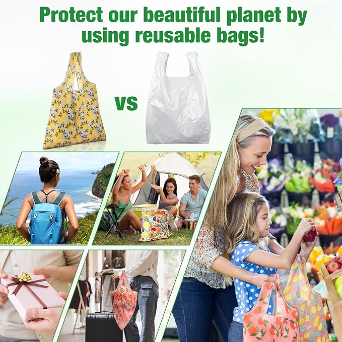 Eccliy 24 Pieces Reusable Grocery Bags Polyester Shopping Bags for Groceries Multi Colors Reusable Foldable Shopping Tote (Fruits Style)