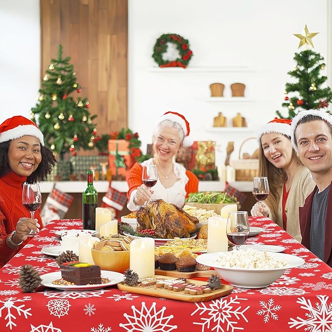 misaya Rectangle Waterproof Vinyl Table Cloth, Wipeable Tablecloth with Flannel Backing, Plastic Table Cover for Dinner, Christmas Party (Red Snowflake, 52" x 70")
