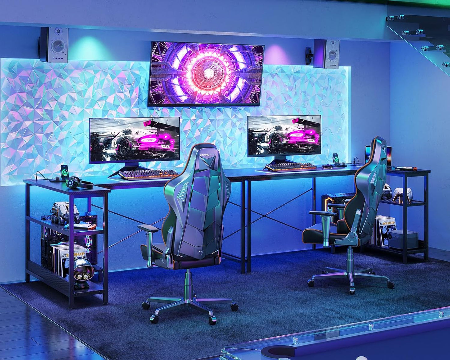 ODK 55 Inch L Shaped Gaming Computer Desk with Power Outlets, Corner Desk with Reversible Storage Shelves & PC Stand for Small Space, Modern Simple Home Office Table, Carbon Fiber Surface, Black