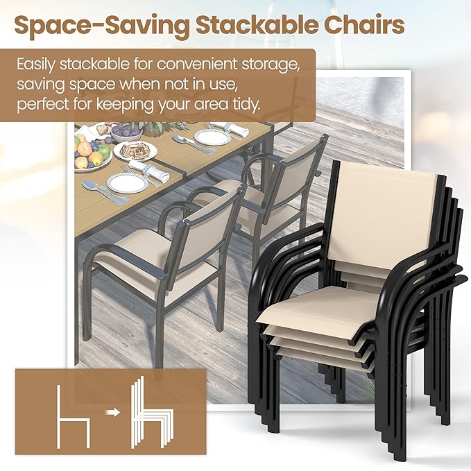 Outdoor Dining Set for 6, 59” Patio Table and Chairs Set with 2 Swivel Chairs, 4 Regular Textilene Chair and 1 Large Table, Modern Patio Furniture Set for Backyard Porch Poolside (Beige)
