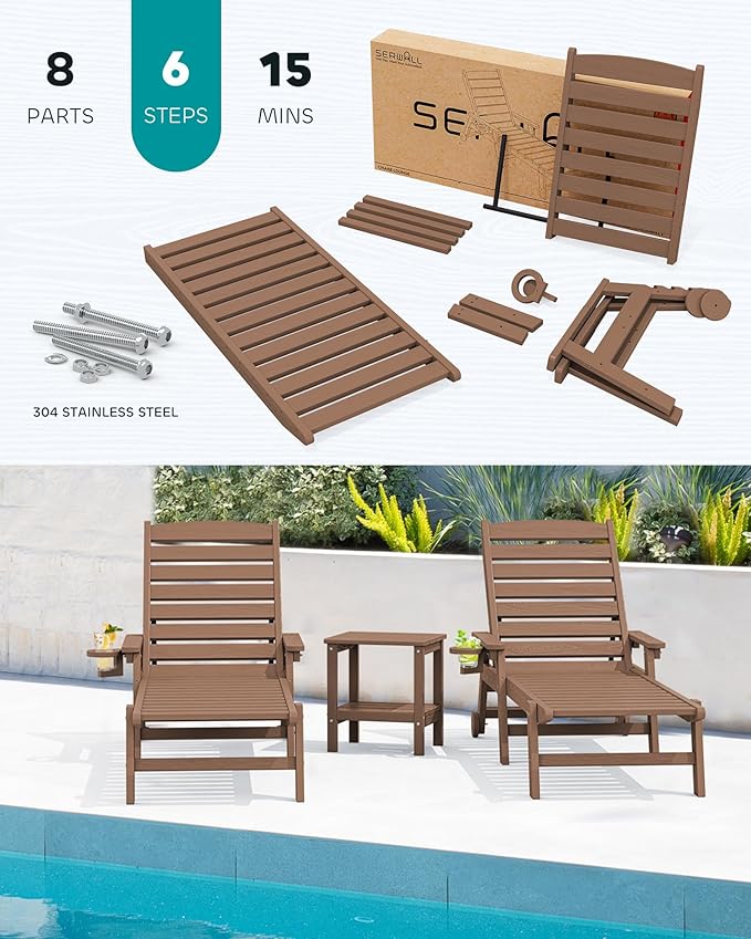 SERWALL Patio Chaise Lounge Chair, 78'' Long HDPE 5 Positions Adjustable Poly Lounge Chair with Rolling Wheels & Cup Holder for Pool, Brown