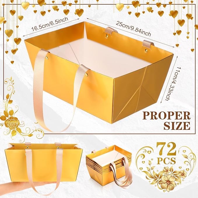 Glenmal 72 Pcs Baskets for Gifts Waterproof Empty Kraft Basket Bulk with Handles 9.8 x 6.5 x 4.3'' Gift Basket Empty to Fill for Wedding Party Christmas Valentines(Gold)