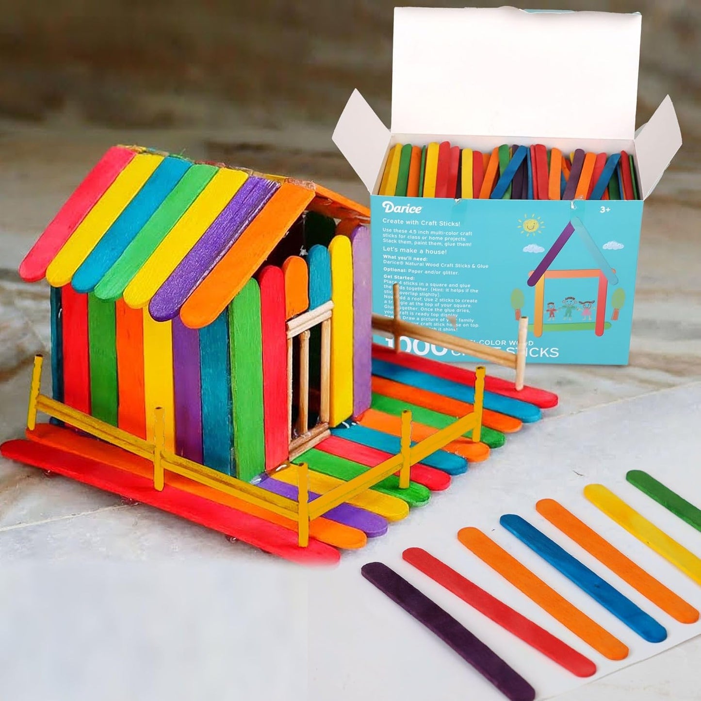 Darice 1000 Pcs Colored Popsicle Sticks for Crafts, 4.5" Colorful Wooden Rainbow Craft Sticks Supplies, STEM DIY Art, Ages 3+