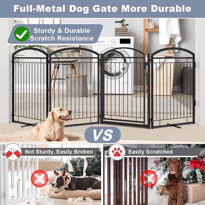 Full Metal Free Standing Dog Gate with Door for Outdoor Indoor,96'' Extra Wide 36'' Tall Dog Gates for Doorways,Large Openings,Decks,Porch,Freestanding Portable Pet Fence(4 Panels,Black)