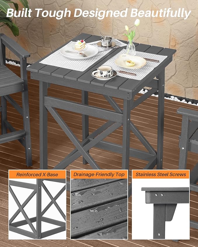5 Pieces Adirondack Bar Chairs Set, HDPE Patio Bar Height Table and Chairs, Tall Adirondack Outdoor Bar Stools Set, HDPE Patio Bar Table Sets Furniture for Balcony, Garden, Pool, Smoke Gray