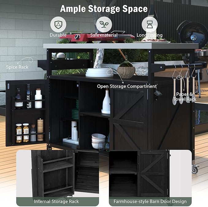 50.25" Grill Cart with Stainless Steel Tabletop - Outdoor Storage Cabinet for BBQ, Bar Patio Kitchen Island with Ample Storage and Lockable Wheels