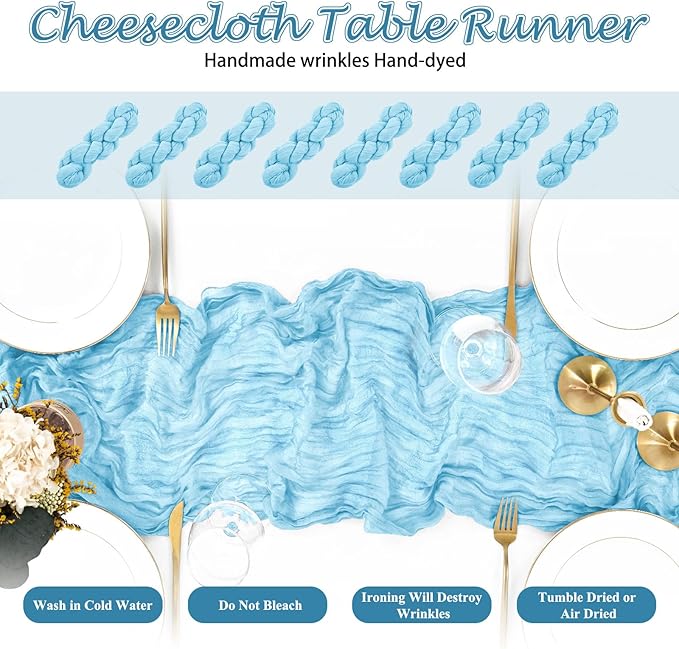 8 Packs Cheesecloth Table Runner 10FT Long Boho Gauze Fabric Table Runner Vintage Rustic Sheer Runners for Wedding Party Bridal Baby Shower Table Decorations (Light Blue)
