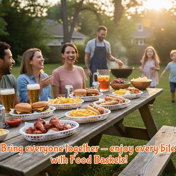Fast Food Baskets 16-Pack, 10 x 6 Inch Plastic Oval Serving Baskets for Burgers,Bread, Fries & Sandwiches, Restaurant Diner Cafeteria Food Truck Party Use, Reusable&Stackable(White)