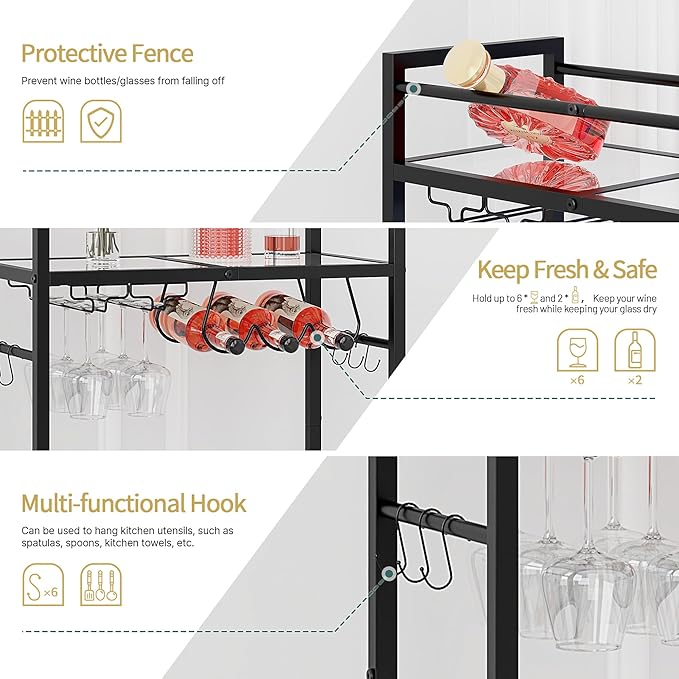 Bar Cart with Wine Rack, Serving Cart for Home, Microwave Cart, Drink Cart, Mobile Kitchen Shelf with Glass Holder, Rolling Beverage Cart for Dining Room (Black)