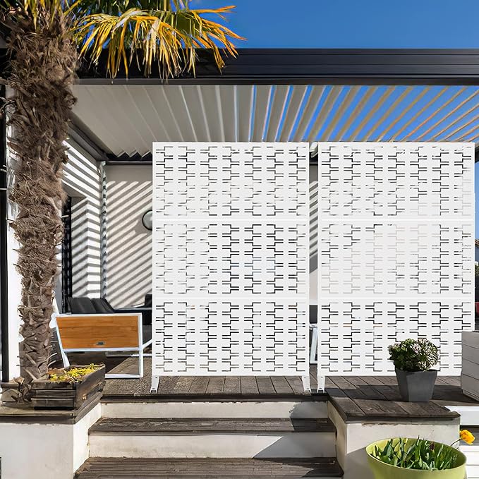 Elevens Free Decorative Privacy Screen with Stand, Outdoor Decor Privacy Fence Screen Metal Fence Panels, Outdoor Divider for Garden Patio Backyard, White-Brick (A-GE04009)