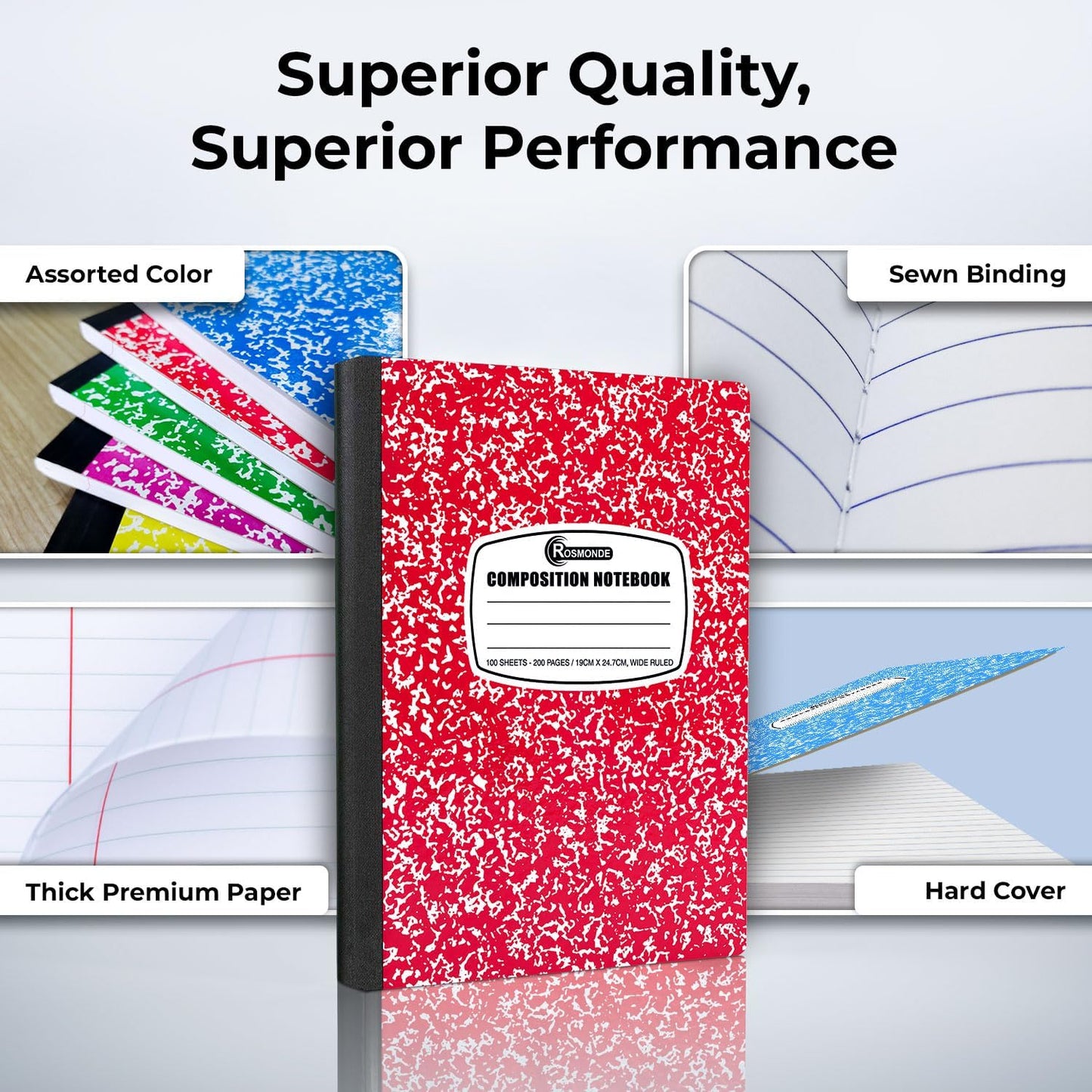 Rosmonde 50 Pack Bulk Composition Notebooks, Wide Ruled, 200 Pages (100 Sheets), 9-3/4 x 7-1/2, Hard Cover, Bulk School Supplies, Assorted Colors Marble Composition Journal, Bulk Notebooks for School