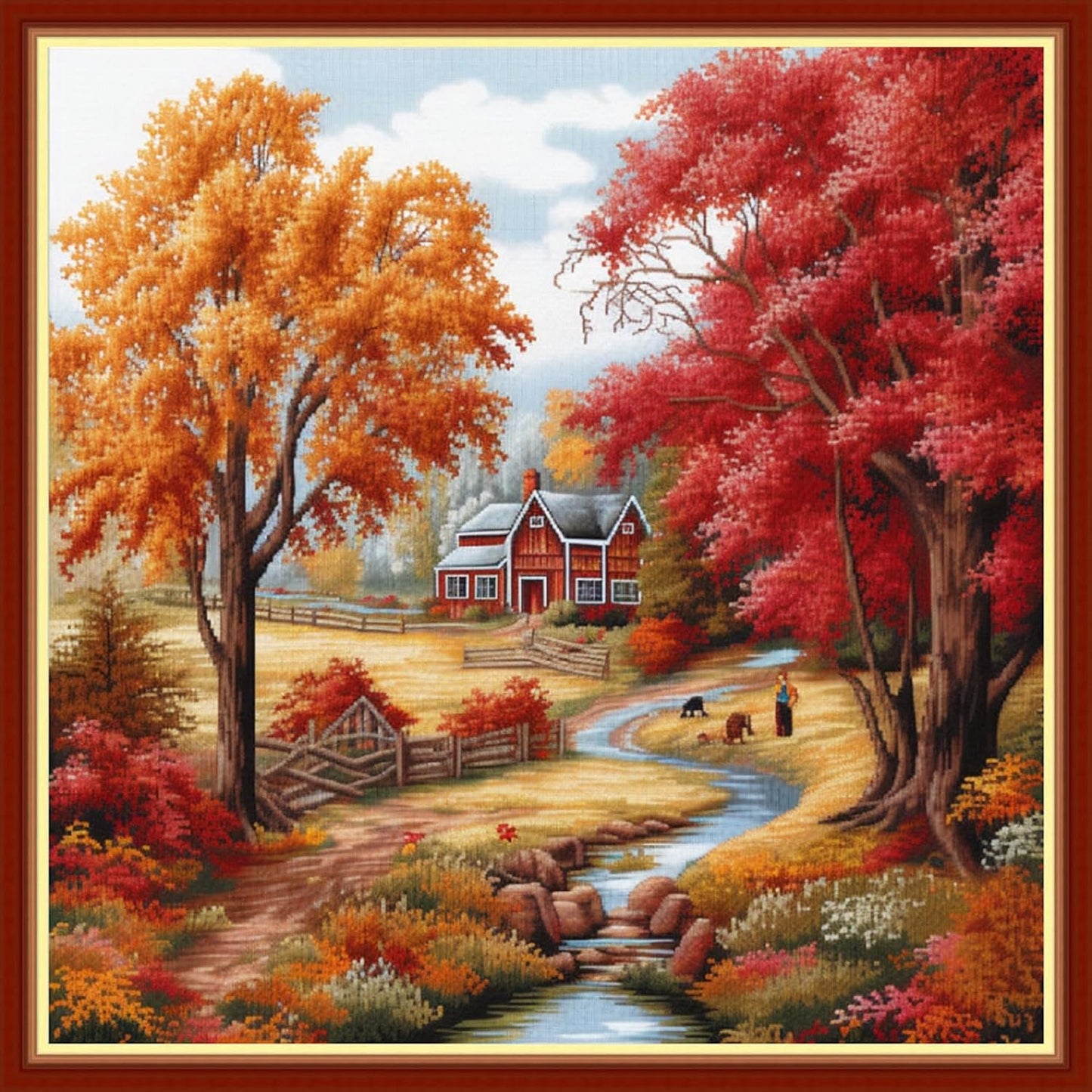 Foxhool Beginners Cross Stitch Kits Stamped Full Range of Embroidery Kits for Adults DIY Cross Stitches kit Embroidery Patterns for Needlepoint kit-Autumnal Scenery 17.7x17.7 inch