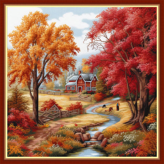 Foxhool Beginners Cross Stitch Kits Stamped Full Range of Embroidery Kits for Adults DIY Cross Stitches kit Embroidery Patterns for Needlepoint kit-Autumnal Scenery 17.7x17.7 inch