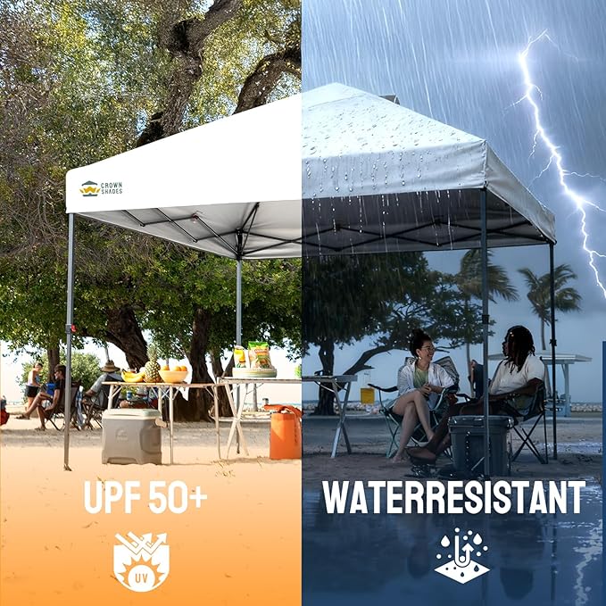 CROWN SHADES 10x10 Pop Up Canopy - Patented Center Lock One Push Instant Outdoor Canopy Beach Tent with STO-N-Go Bag 8 Stakes & 4 Sand Bags，White