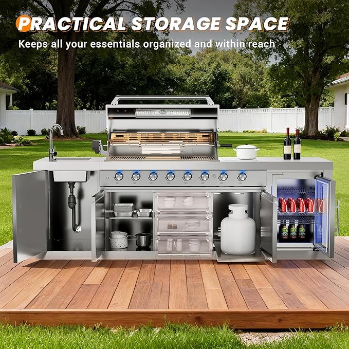 CT Copper Tailor 6-Burner Outdoor Kitchen BBQ Grill Island 99,000 BTUs with Sink, Fridge, Rear Burner, Side Burner, Storage Cabinets & Drawers, Cover, Stainless Steel with Natural Gas Kit)