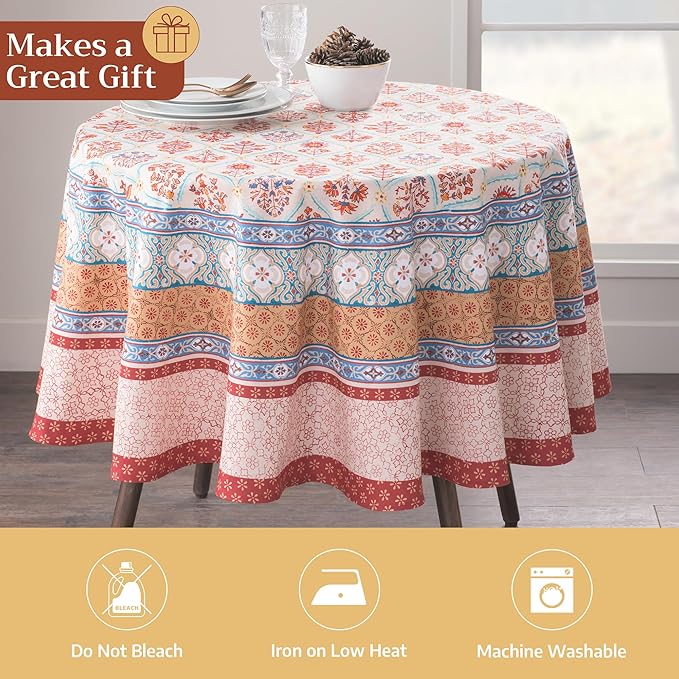 Maison d' Hermine Table Cloth Round Table 100% Cotton 63 Inches Fall Tablecloth Reusable Everyday Use for Thanksgiving Christmas Decorations Dining Farmhouse Party (Romane)