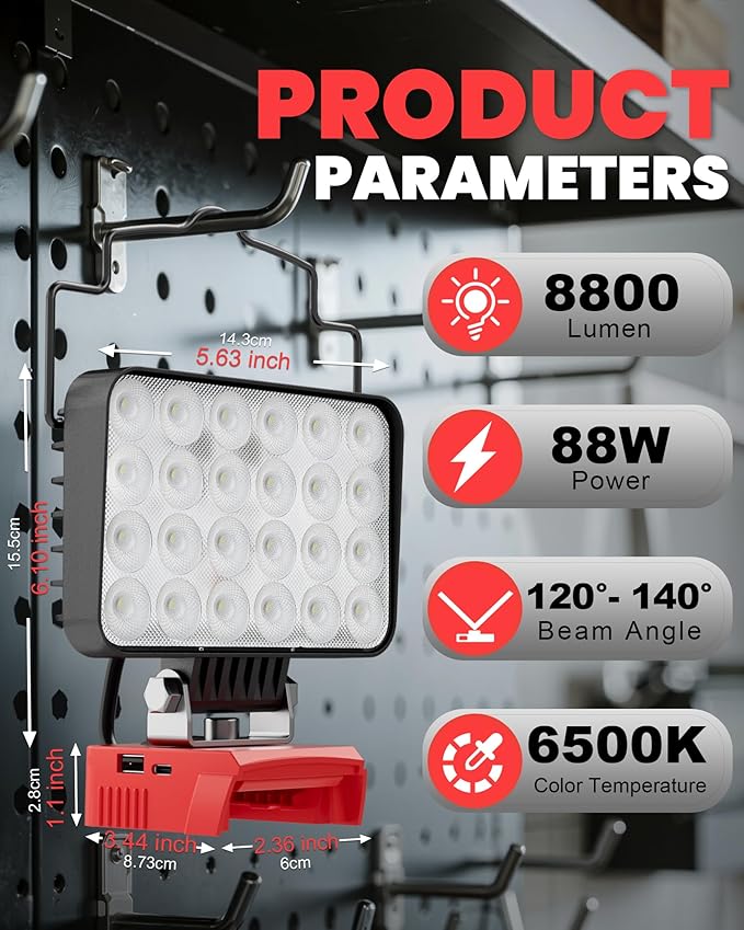 LIVOWALNY LED Work Light Compatible with Milwaukee 18V Battery, 88W 8800 LM Flashlight with 140° Pivoting Head, Portable Flood Lights with USB-A & Type-C Output Port for Camping Construction Emergency