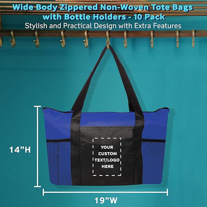 DISCOUNT PROMOS 10 Zippered Non-Woven Tote Bags Set - Customizable Text, Logo - Mesh Pocket, Zippered, Recyclable, Reusable - Blue - 19"X14"X3", with Zipper