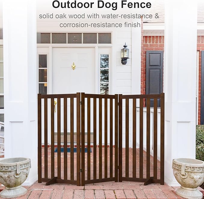 36" Height Extra Tall Freestanding Pet Gate, Solid Wood Folding Safety Fence Wooden Dog Gate with 2 PCs Support Feet Ideal for Stairs, Doorways, Halls, Kitchens, Heavy Duty Gates, 3 Panels, Walnut