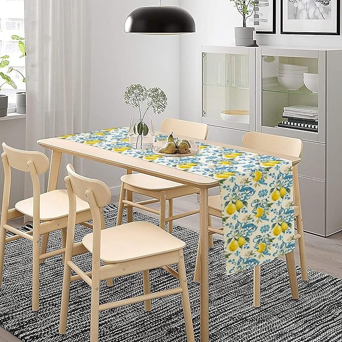 Lemon Flower Table Runner, Summer Fruit Sicilian Style Table Runner for Indoor Outdoor Kitchen Home Party Holiday Dining Table 13x60in