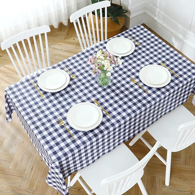 Romanstile Rectangle Vinyl Tablecloth, 100% Waterproof Buffalo Gingham Plastic Table Cloth, Heavy Duty Wipeable Checkered Table Covers for Outdoor, Camping, Picnic, Patio - 60 x 84, Navy Blue