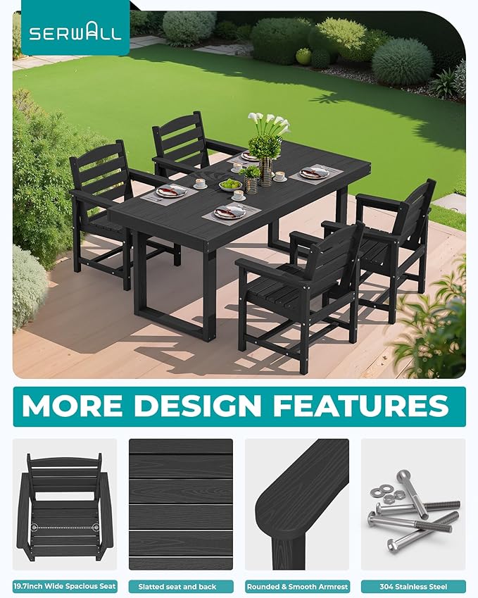 SERWALL HDPE Outdoor Dining Set for 4, 67'' All Weather Patio Dining Table and Chairs Set for Deck, Lawn, Black