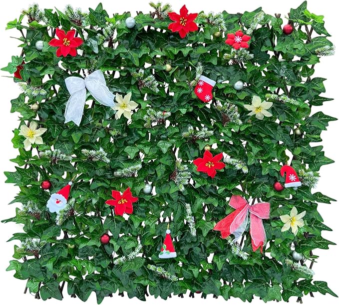 Expandable Fence Privacy Screen for Balcony Patio Outdoor,Decorative Faux Ivy Fencing Panel,Artificial Hedges (Single Sided Leaves) (2, Christmas-Ivy)