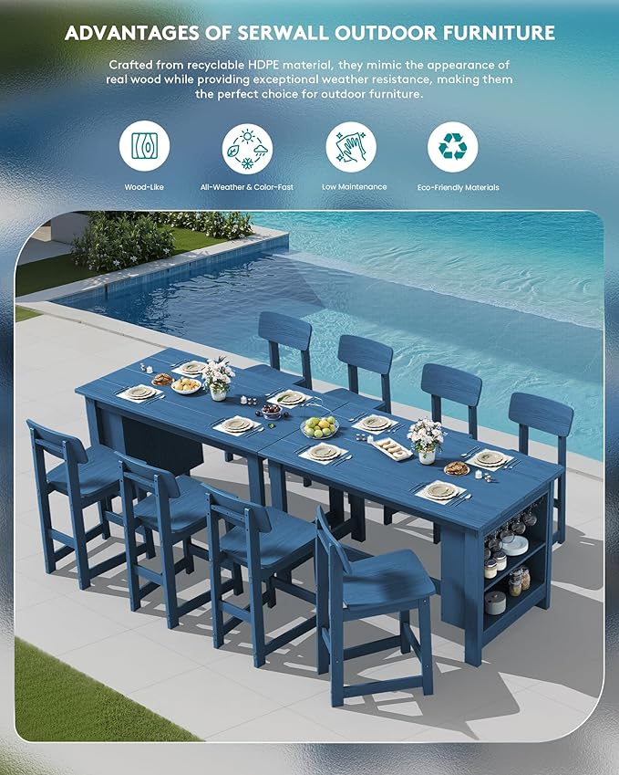 SERWALL Outdoor Bar Table and Chairs Set, 3-Piece HDPE Counter Height Patio Dining Sets with Storage and Wine Rack, Rectangular High Top Bar Table with 2 Bar Stools for Garden, Backyard, Blue