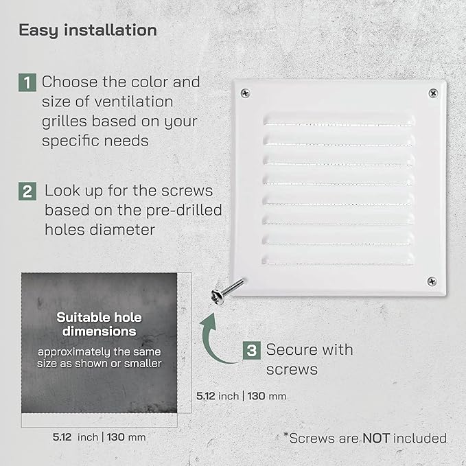 Vent Systems 5 x 5 Inch (Inner) White Vent Cover - Square Metal HVAC Return Air Grille with Mesh Screen - Register Wall Vent Duct Grill - Outdoor, Indoor, Crawlspace Exhaust Ventilation